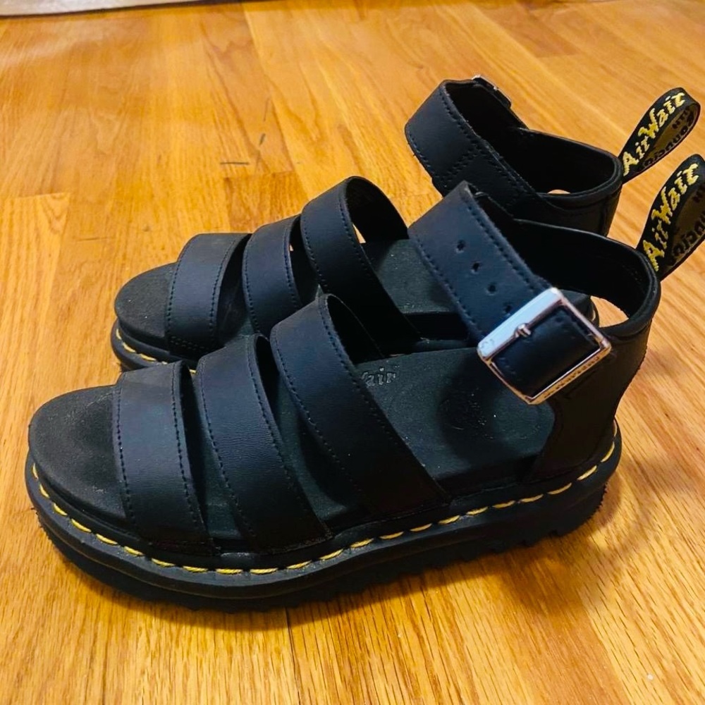 Dr. Martens Black Vegan Leather Sandals with Yellow Stitching